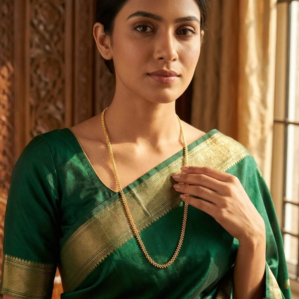 minimal MOP chain, sleek gold polish necklace, elegant long chain for women, traditional daily wear jewellery, lightweight ethnic necklace, water resistant chain, artificial gold necklace