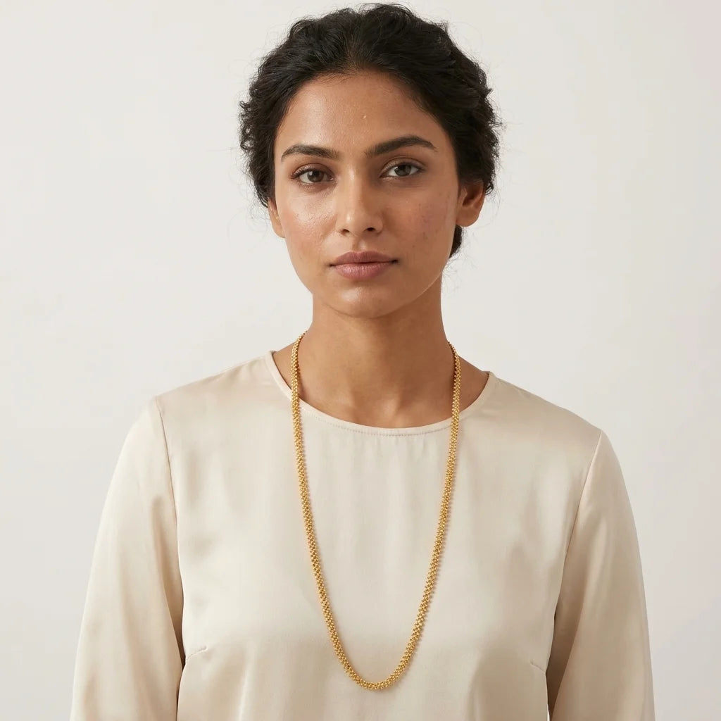 minimal MOP chain, sleek gold polish necklace, elegant long chain for women, traditional daily wear jewellery, lightweight ethnic necklace, water resistant chain, artificial gold necklace
