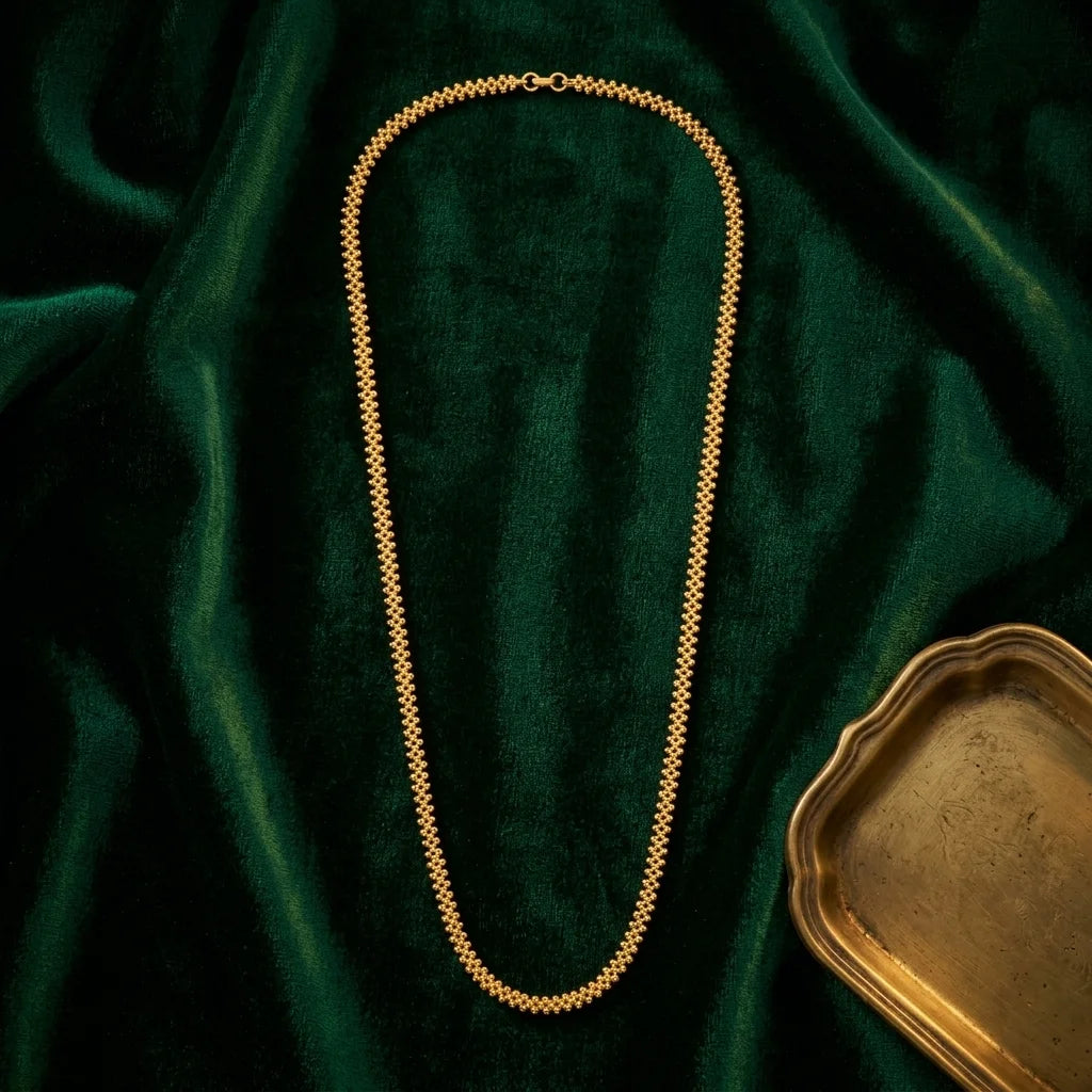 minimal MOP chain, sleek gold polish necklace, elegant long chain for women, traditional daily wear jewellery, lightweight ethnic necklace, water resistant chain, artificial gold necklace