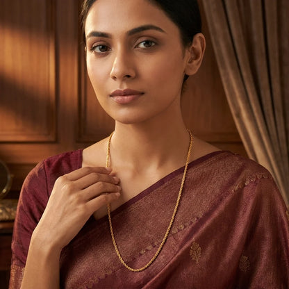 twisted MOP chain, rope style gold necklace, elegant long chain for women, lightweight traditional jewellery, water resistant gold polish chain, minimal ethnic necklace, artificial long necklace