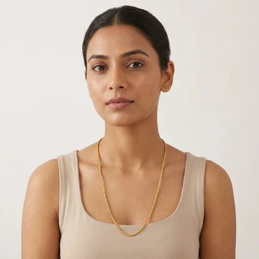 twisted MOP chain, rope style gold necklace, elegant long chain for women, lightweight traditional jewellery, water resistant gold polish chain, minimal ethnic necklace, artificial long necklace