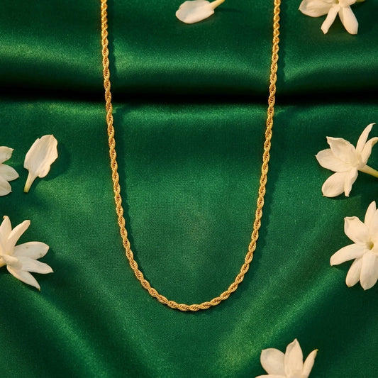 twisted MOP chain, rope style gold necklace, elegant long chain for women, lightweight traditional jewellery, water resistant gold polish chain, minimal ethnic necklace, artificial long necklace