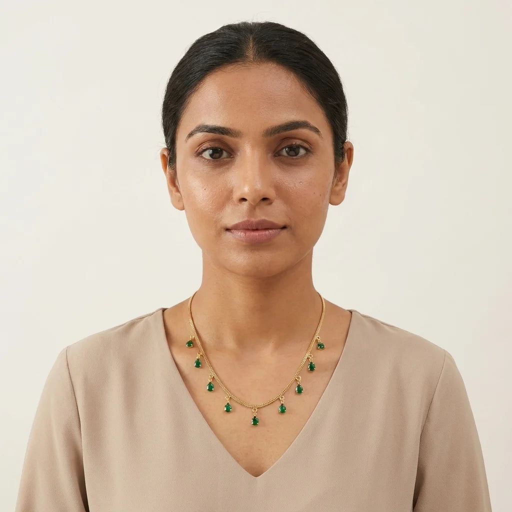 emerald green necklace, dokia necklace, green stone necklace, teardrop necklace, minimal gold necklace, elegant womens jewellery, festive fashion necklace, lightweight designer necklace
