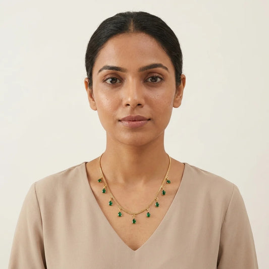emerald green necklace, dokia necklace, green stone necklace, teardrop necklace, minimal gold necklace, elegant womens jewellery, festive fashion necklace, lightweight designer necklace