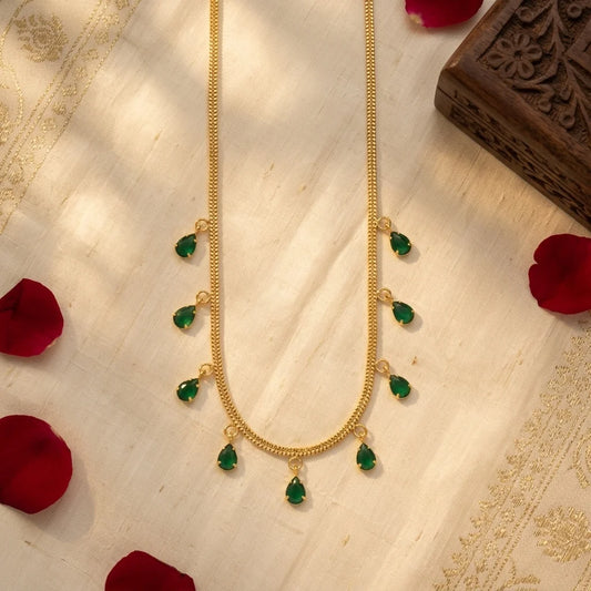 emerald green necklace, dokia necklace, green stone necklace, teardrop necklace, minimal gold necklace, elegant womens jewellery, festive fashion necklace, lightweight designer necklace