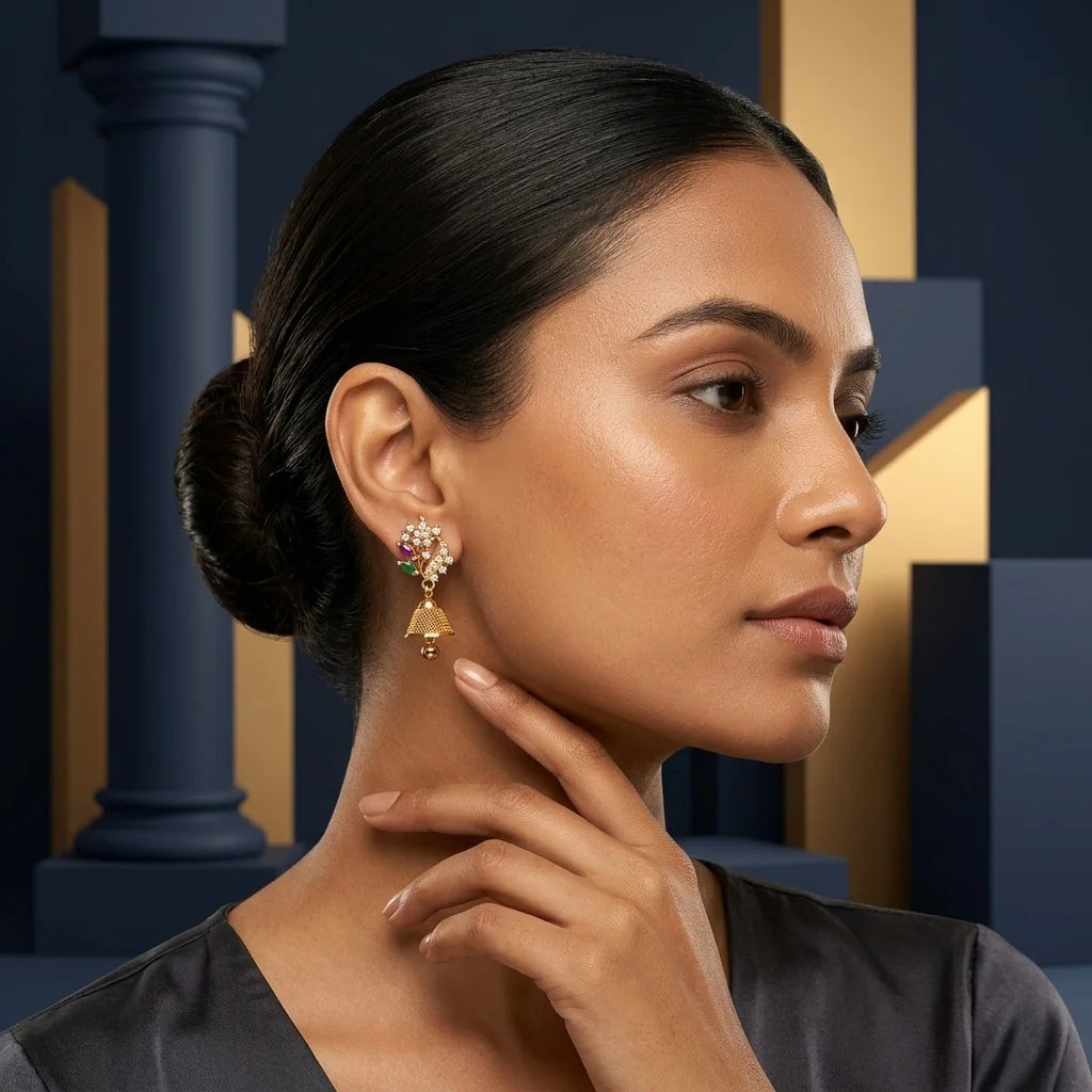 floral AD stone earrings, mini jhumka earrings, traditional gold earrings, screw back earrings, festive ethnic earrings, zirconia designer earrings, imitation jewellery for women