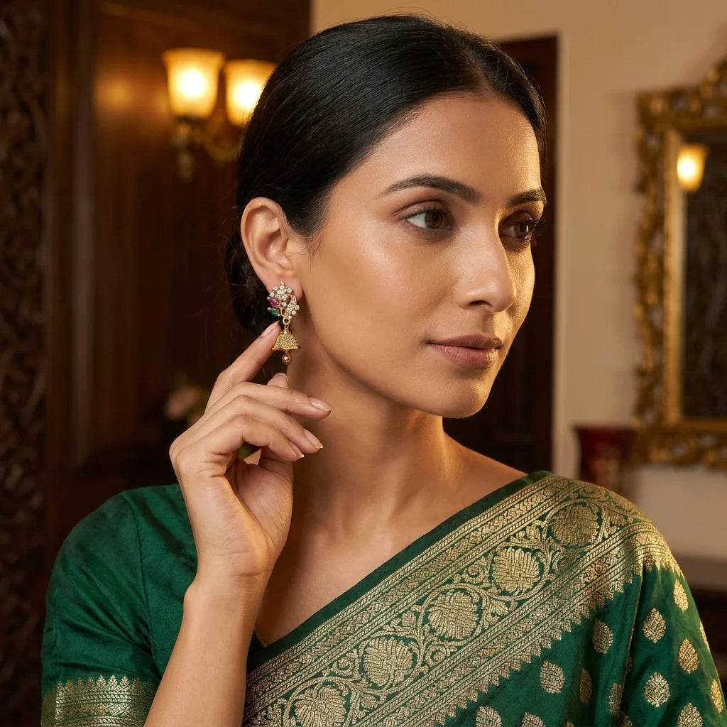 floral AD stone earrings, mini jhumka earrings, traditional gold earrings, screw back earrings, festive ethnic earrings, zirconia designer earrings, imitation jewellery for women