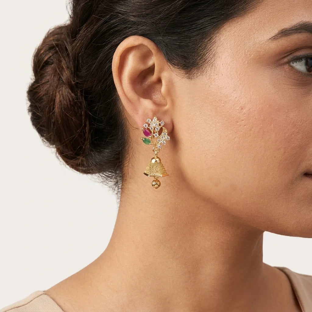 floral AD stone earrings, mini jhumka earrings, traditional gold earrings, screw back earrings, festive ethnic earrings, zirconia designer earrings, imitation jewellery for women
