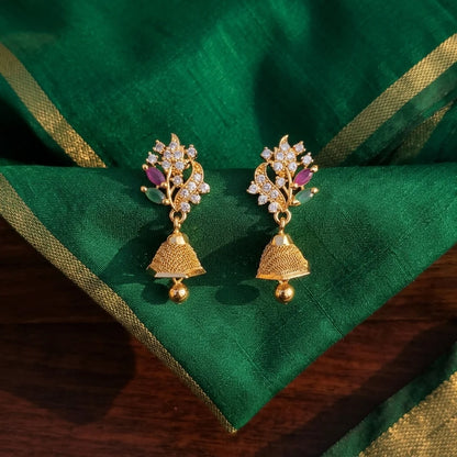 floral AD stone earrings, mini jhumka earrings, traditional gold earrings, screw back earrings, festive ethnic earrings, zirconia designer earrings, imitation jewellery for women