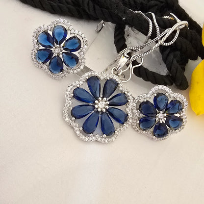 Floral_Blue_Stone_Pendant_Set_with_Earrings_Multi_Color_Variants_Jewellery - Saubhagya Collection 