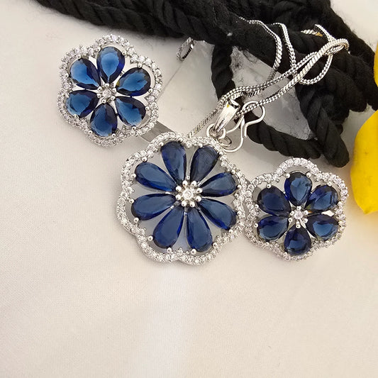 Floral_Blue_Stone_Pendant_Set_with_Earrings_Multi_Color_Variants_Jewellery - Saubhagya Collection 