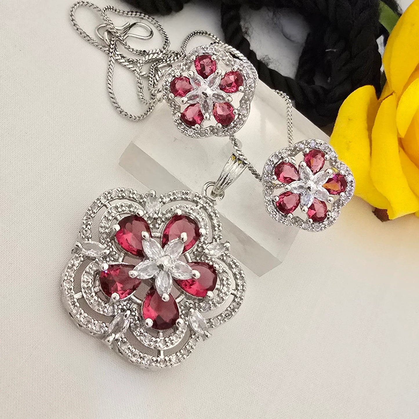 Floral_Stone_Pendant_Set_with_Earrings_Multi_Color_Variants_Silver_Plated_Jewellery - Saubhagya Collection 