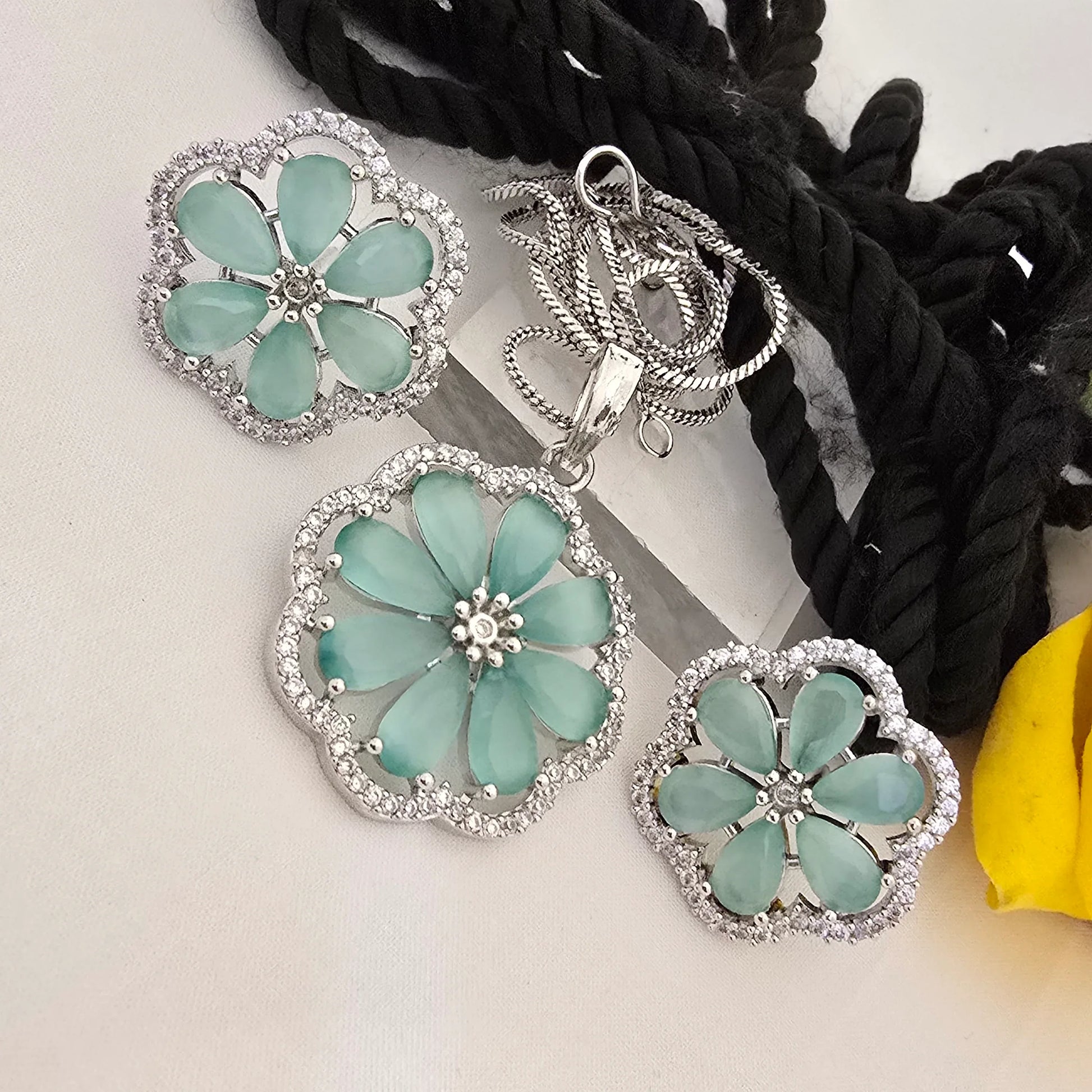Floral_mint_green_Stone_Pendant_Set_with_Earrings_Mint_Color_Variants_Jewellery - Saubhagya Collection 
