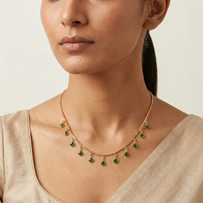 GREEN necklace, dokia necklace, square charm necklace, minimal gold necklace, womens fashion necklace, elegant jewellery, lightweight necklace, party wear necklace
