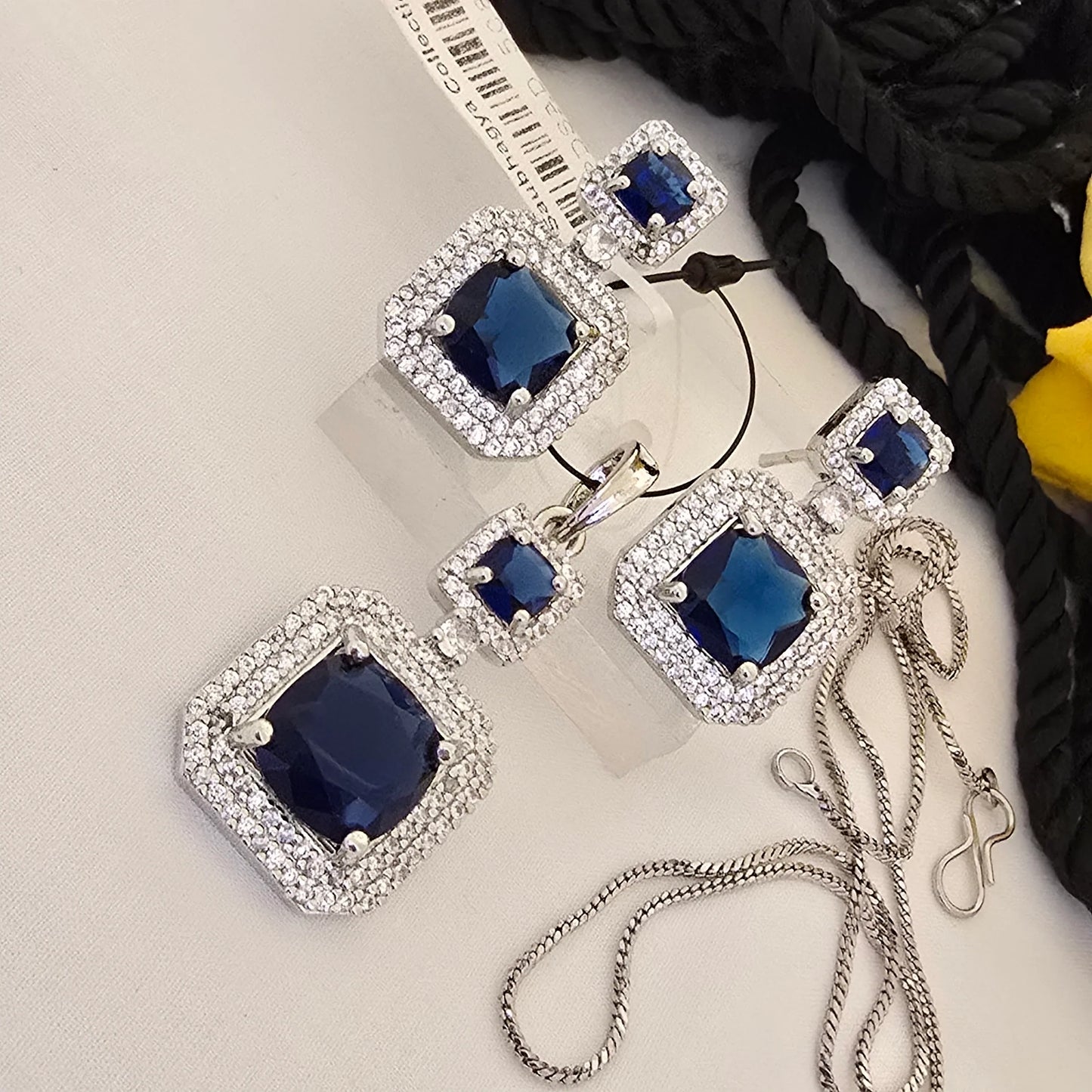 Geometric_Blue_Stone_Pendant_Set_with_Earrings_Silver_Plated_Designer_Jewellery - Saubhagya Collection 
