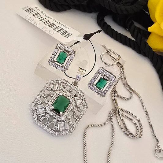 Geometric_Green_Stone_Pendant_Set_with_Earrings_Silver_Plated_Designer_Jewellery - Saubhagya Collection 