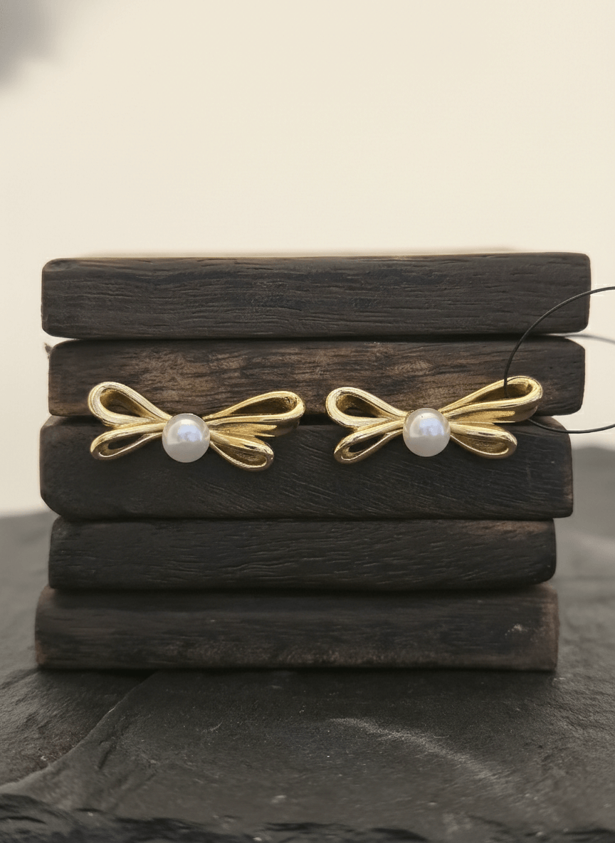 Gold-Plated Pearl Bow Earrings