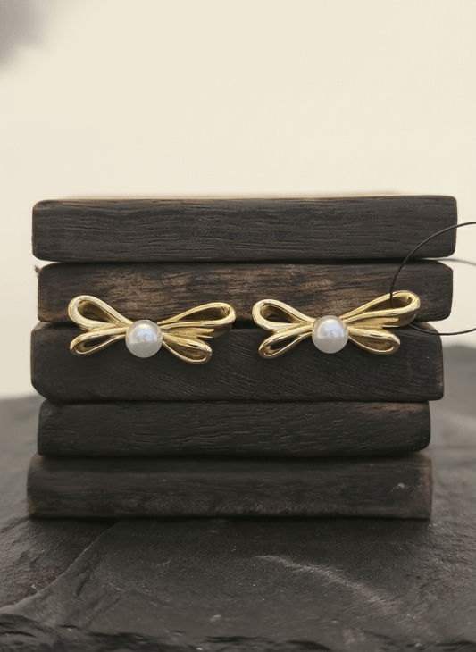 Gold-Plated Pearl Bow Earrings