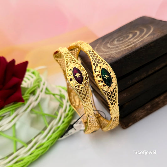 gold tone designer bangles with maroon and green accents, traditional Indian bangles for women, gold plated style bangles with openwork pattern, ethnic bangles with decorative floral motifs, multicolour detail bangles for festive wear, designer imitation jewellery bangles, traditional wedding bangles for women, Scofjewel designer bangles