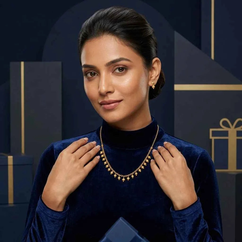 Gold Drop Charm Dokia Necklace for Women | Elegant Minimal Hanging Bead Necklace Design