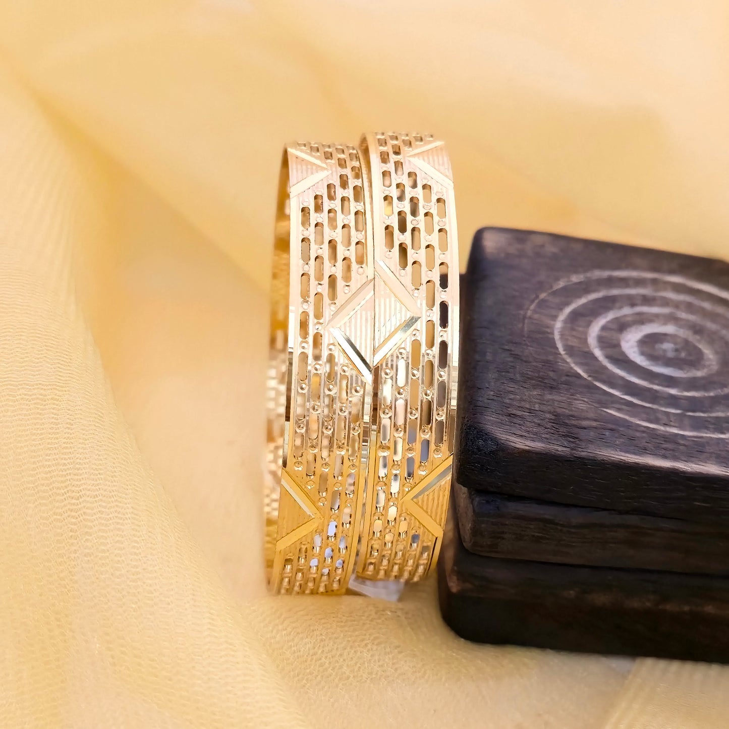 geometric cutwork bangles, designer bangles, gold plated bangles, modern bangles, broad bangles, stylish bangles