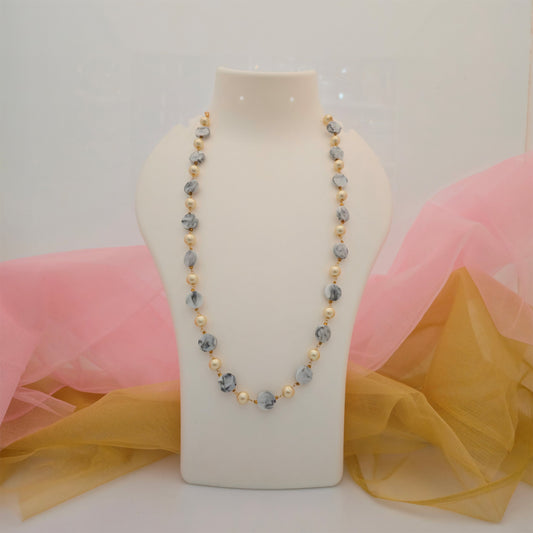 grey and cream pearl beads long necklace mala, grey marble-effect bead necklace with cream pearls, gold tone long necklace mala for women, modern artificial jewellery necklace, contemporary grey and cream necklace for everyday wear, elegant imitation jewellery necklace mala
