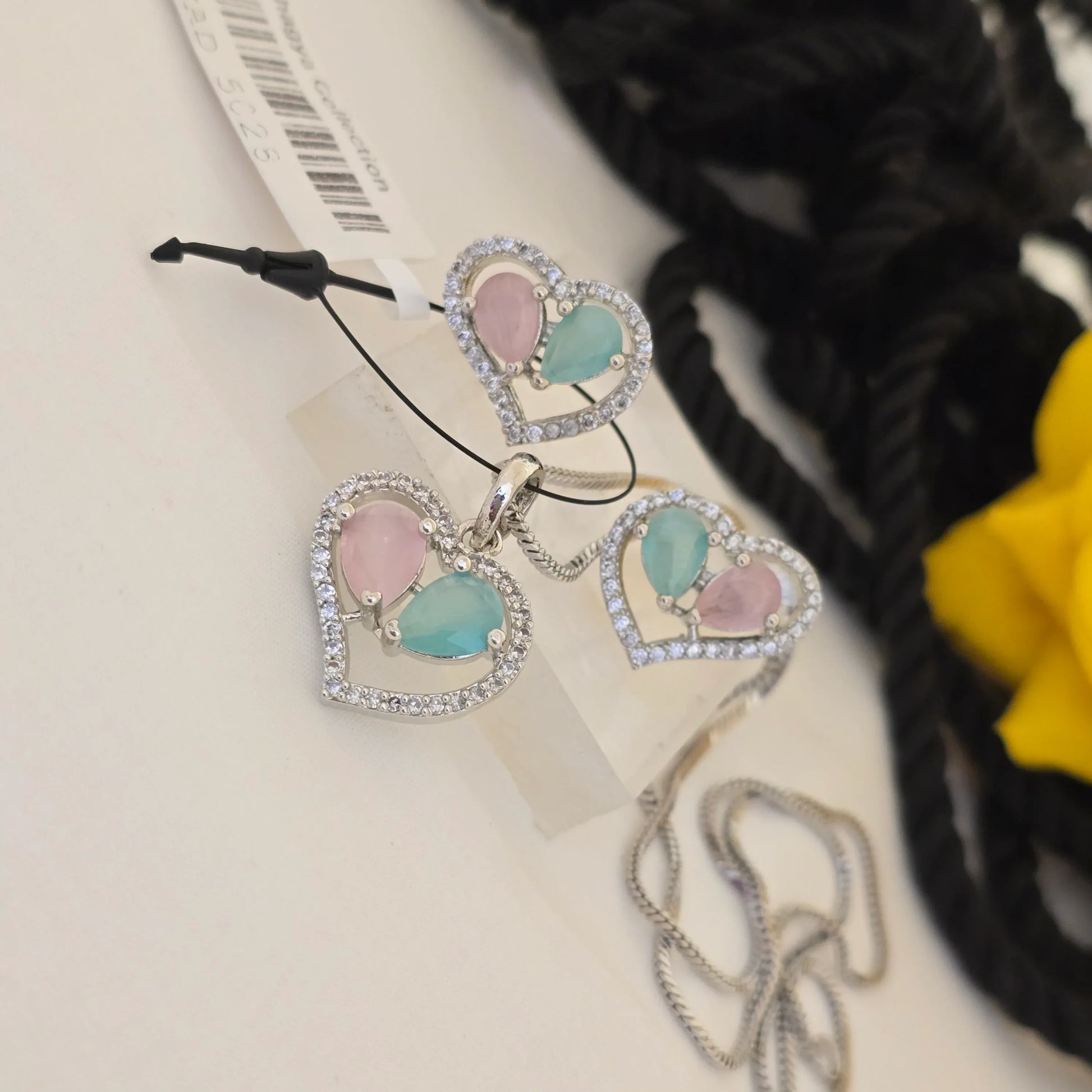 Heart_Shape_Dual_Stone_Pendant_Set_Pink_Aqua_Silver_Plated_Jewellery - Saubhagya Collection 