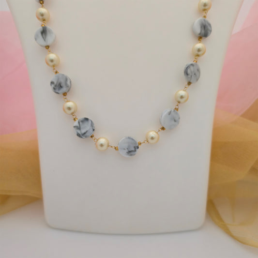 Grey and Cream Pearl Beads Long Necklace Mala for Women