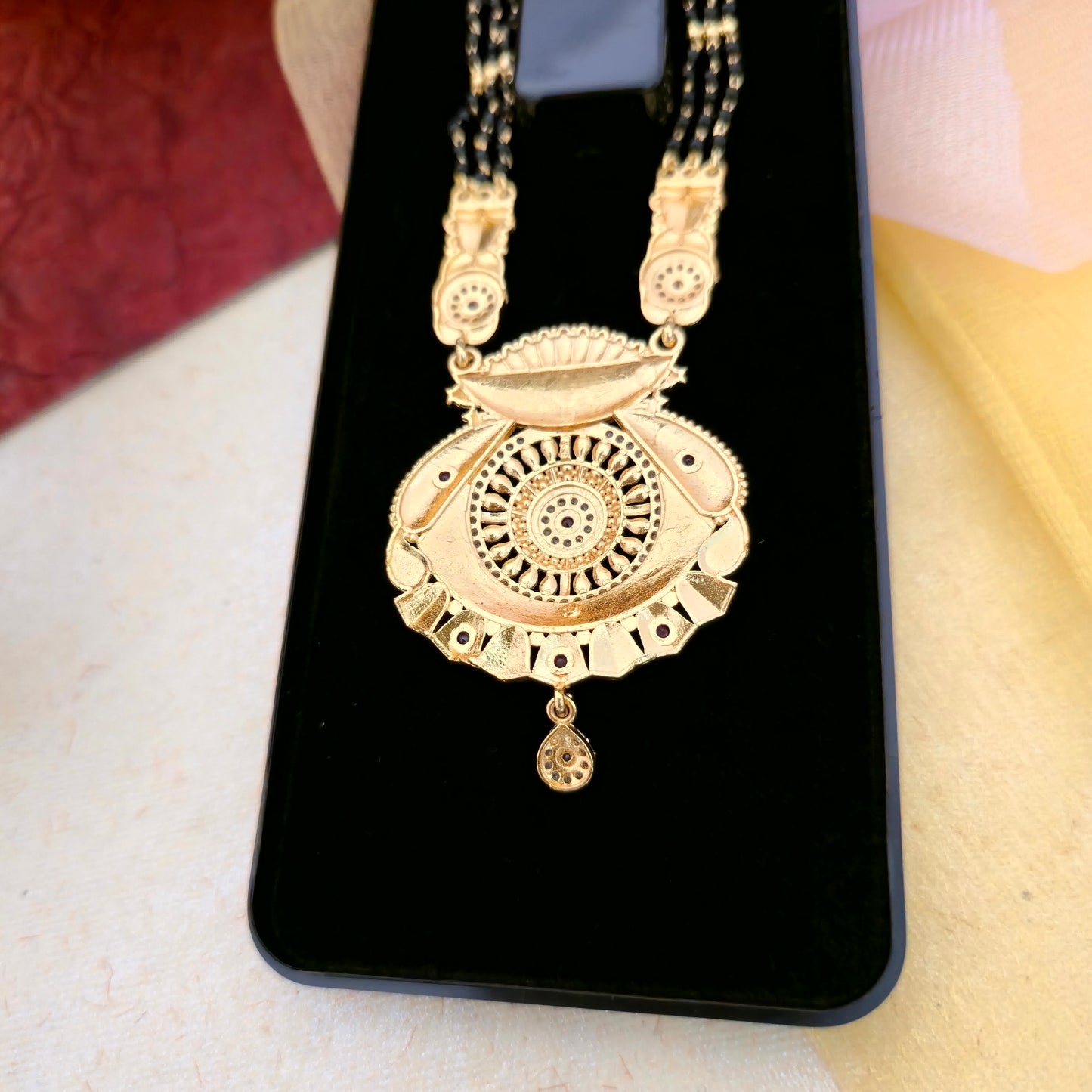 Designer Gold Plated Mangalsutra with Antique Circular Pendant & Black Bead Chain | Traditional Bridal Jewellery