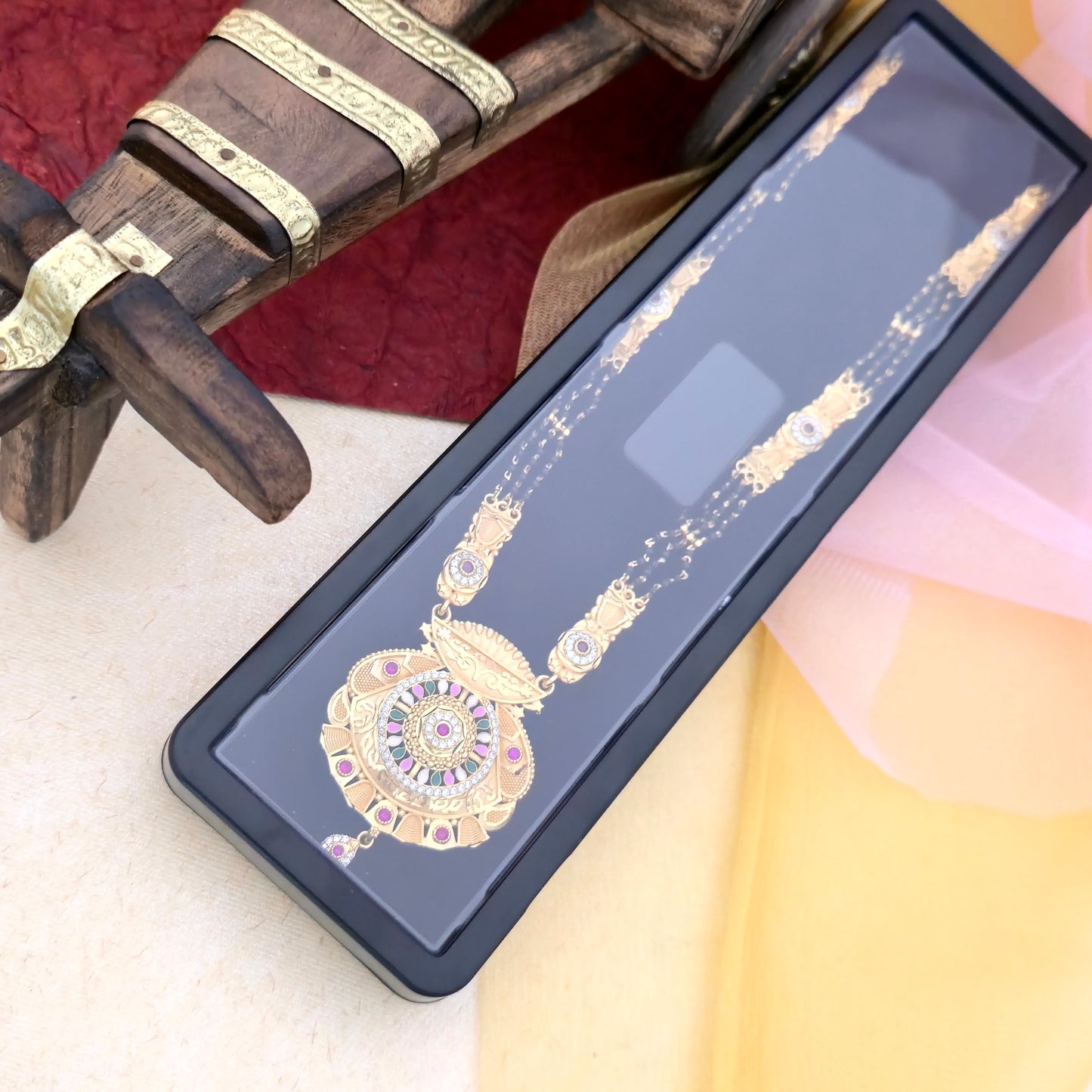 Designer Gold Plated Mangalsutra with Antique Circular Pendant & Black Bead Chain | Traditional Bridal Jewellery