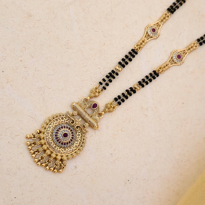Antique Gold Plated Circular Stone Mangalsutra with Black Double Bead Chain | Traditional Designer Pendant