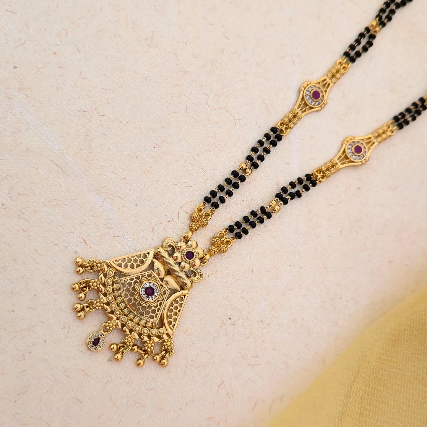 Antique Gold Plated Temple Design Mangalsutra with Black Double Bead Chain & Stone Detailing | Traditional Pendant