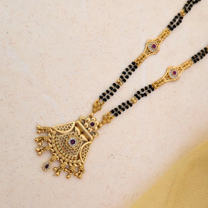 Antique Gold Plated Temple Design Mangalsutra with Black Double Bead Chain & Stone Detailing | Traditional Pendant
