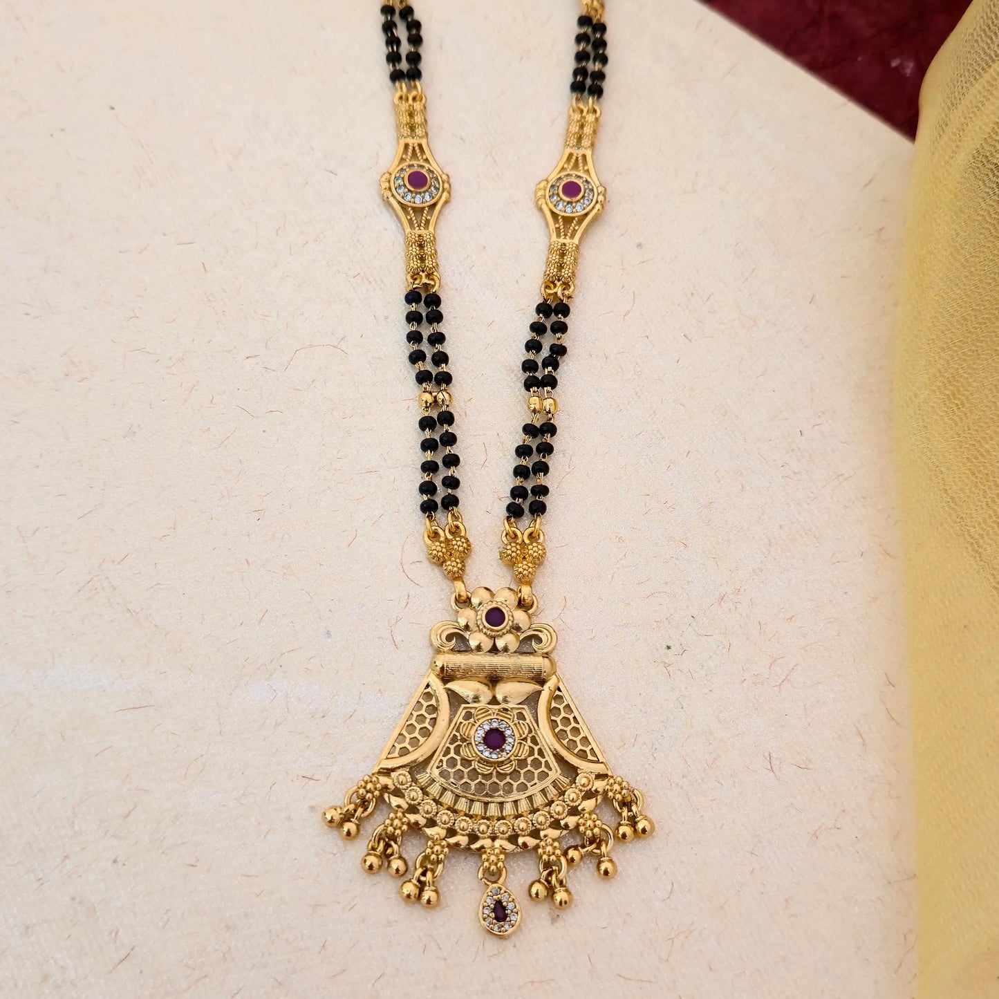 Antique Gold Plated Temple Design Mangalsutra with Black Double Bead Chain & Stone Detailing | Traditional Pendant