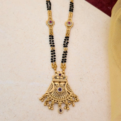 Antique Gold Plated Temple Design Mangalsutra with Black Double Bead Chain & Stone Detailing | Traditional Pendant