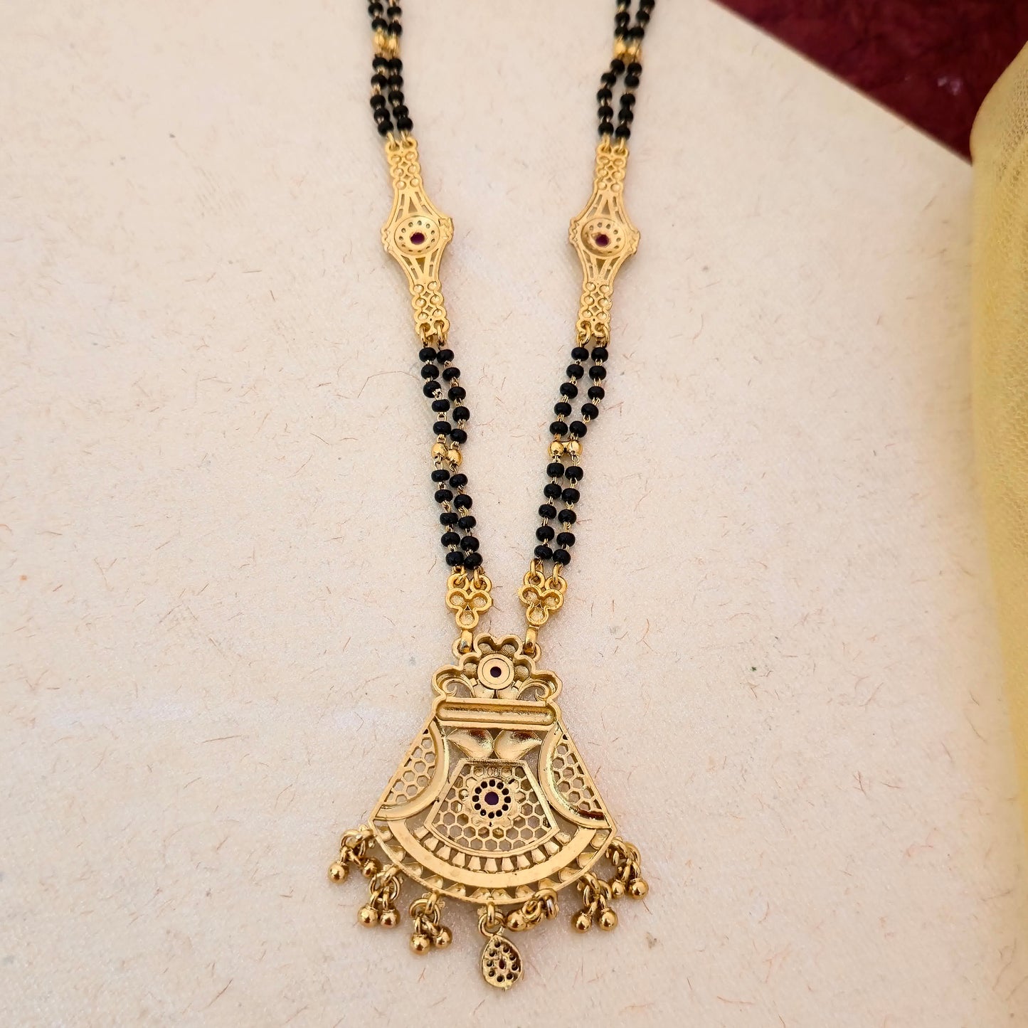Antique Gold Plated Temple Design Mangalsutra with Black Double Bead Chain & Stone Detailing | Traditional Pendant