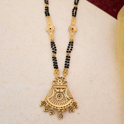 Antique Gold Plated Temple Design Mangalsutra with Black Double Bead Chain & Stone Detailing | Traditional Pendant