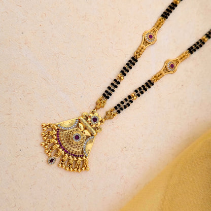 Antique Gold Plated Fan Design Mangalsutra with Purple Stone Detailing & Black Double Bead Chain | Traditional Pendant
