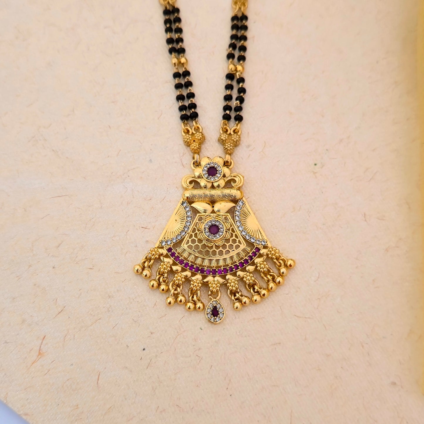 Antique Gold Plated Fan Design Mangalsutra with Purple Stone Detailing & Black Double Bead Chain | Traditional Pendant