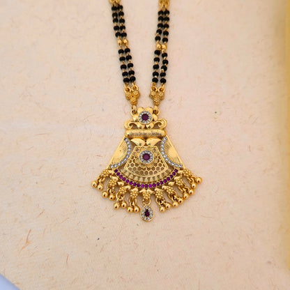 Antique Gold Plated Fan Design Mangalsutra with Purple Stone Detailing & Black Double Bead Chain | Traditional Pendant