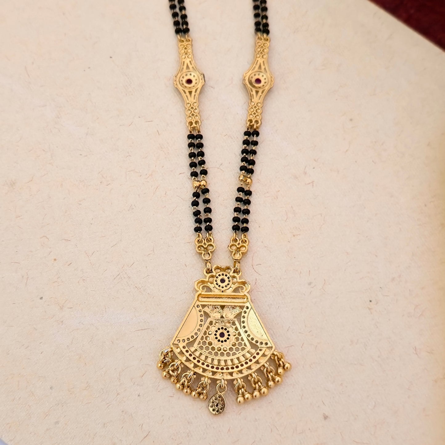 Antique Gold Plated Fan Design Mangalsutra with Purple Stone Detailing & Black Double Bead Chain | Traditional Pendant