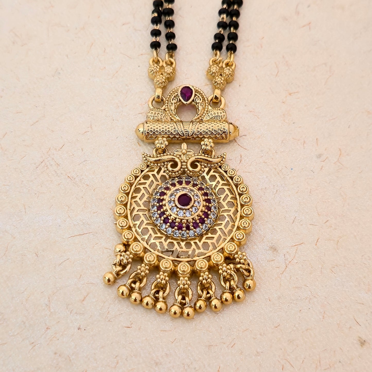 Antique Gold Plated Circular Stone Mangalsutra with Black Double Bead Chain | Traditional Designer Pendant