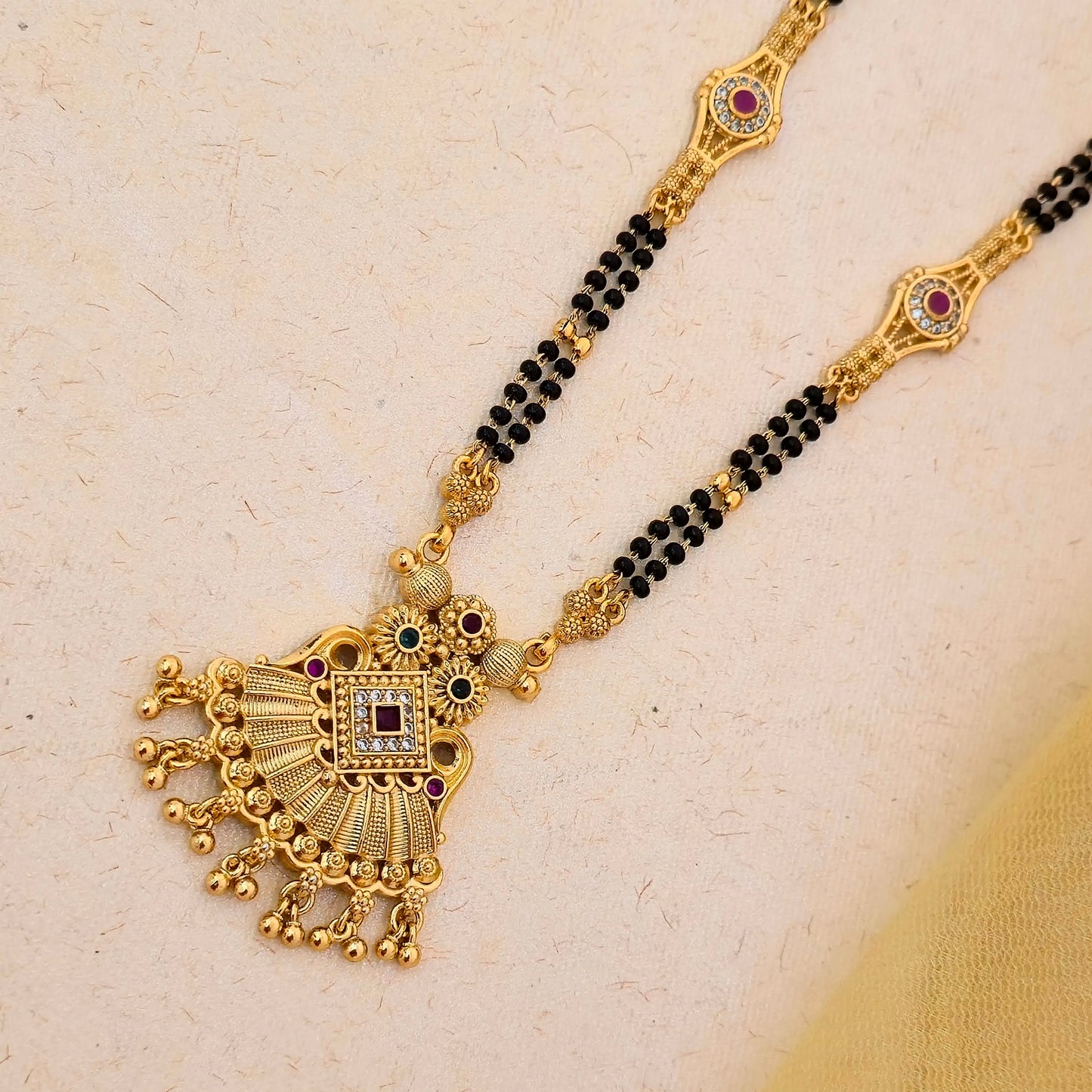 Antique Gold Plated Square Stone Mangalsutra with Black Double Bead Chain | Traditional Designer Pendant