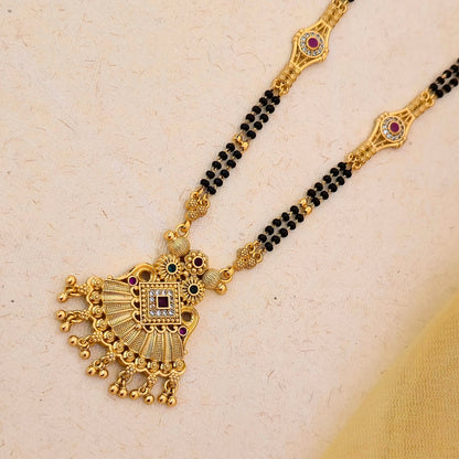 Antique Gold Plated Square Stone Mangalsutra with Black Double Bead Chain | Traditional Designer Pendant