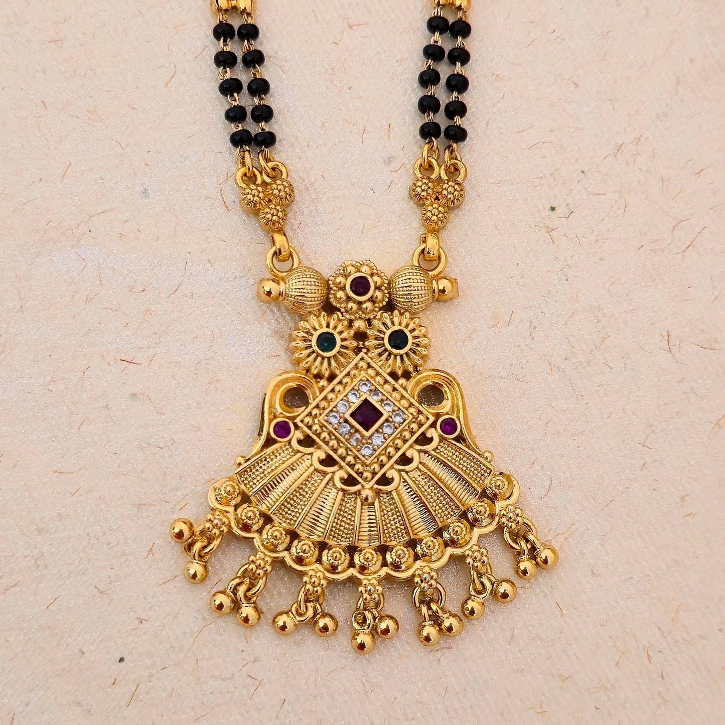 Antique Gold Plated Square Stone Mangalsutra with Black Double Bead Chain | Traditional Designer Pendant