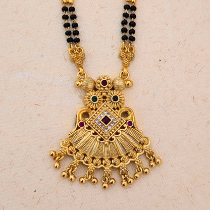 Antique Gold Plated Square Stone Mangalsutra with Black Double Bead Chain | Traditional Designer Pendant