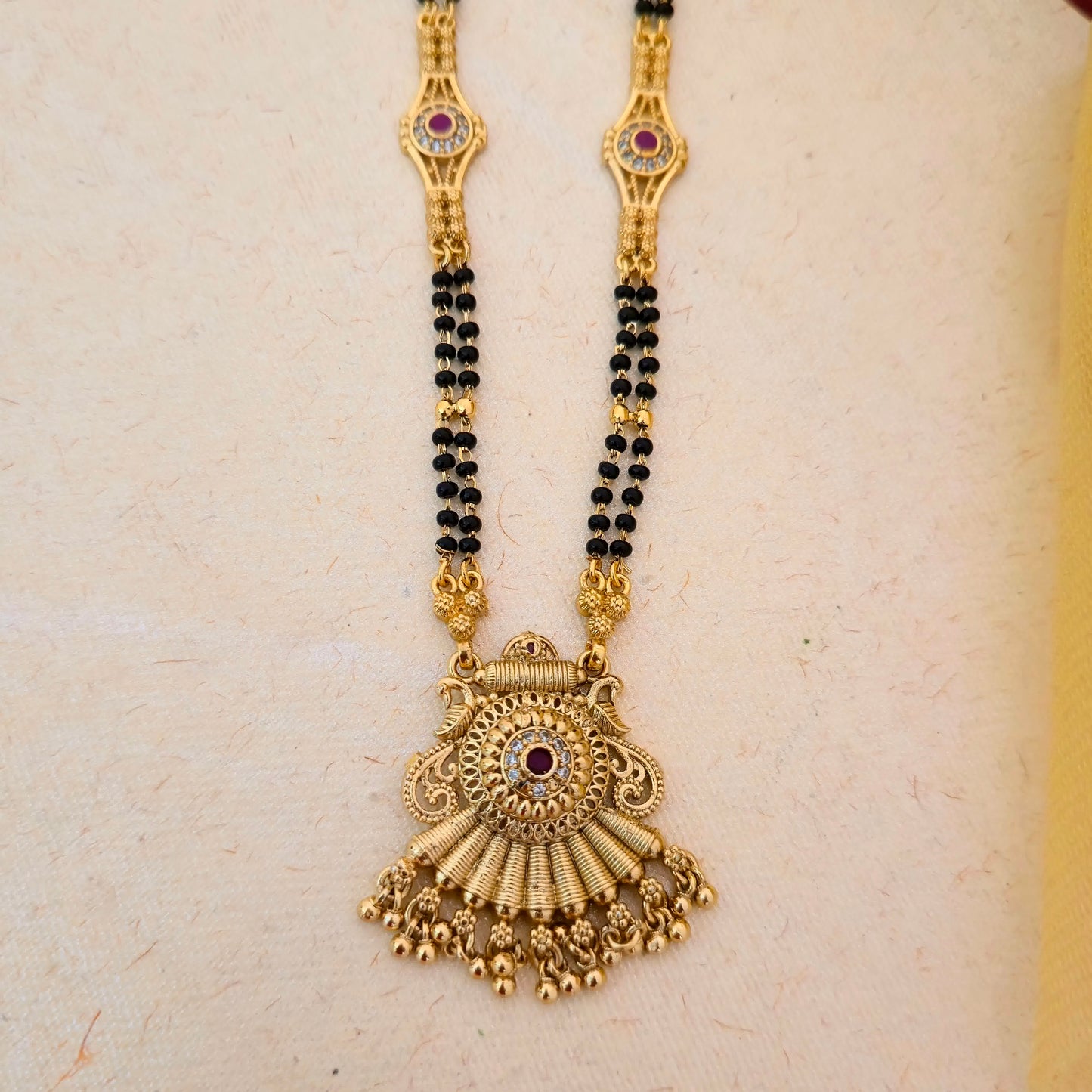 Antique Gold Plated Peacock Design Mangalsutra with Black Double Bead Chain & Stone Detailing | Traditional Pendant