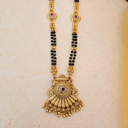 Antique Gold Plated Peacock Design Mangalsutra with Black Double Bead Chain & Stone Detailing | Traditional Pendant
