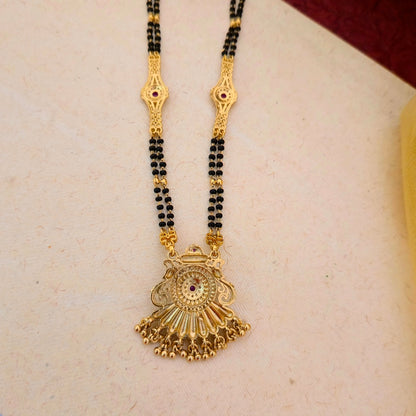 Antique Gold Plated Peacock Design Mangalsutra with Black Double Bead Chain & Stone Detailing | Traditional Pendant