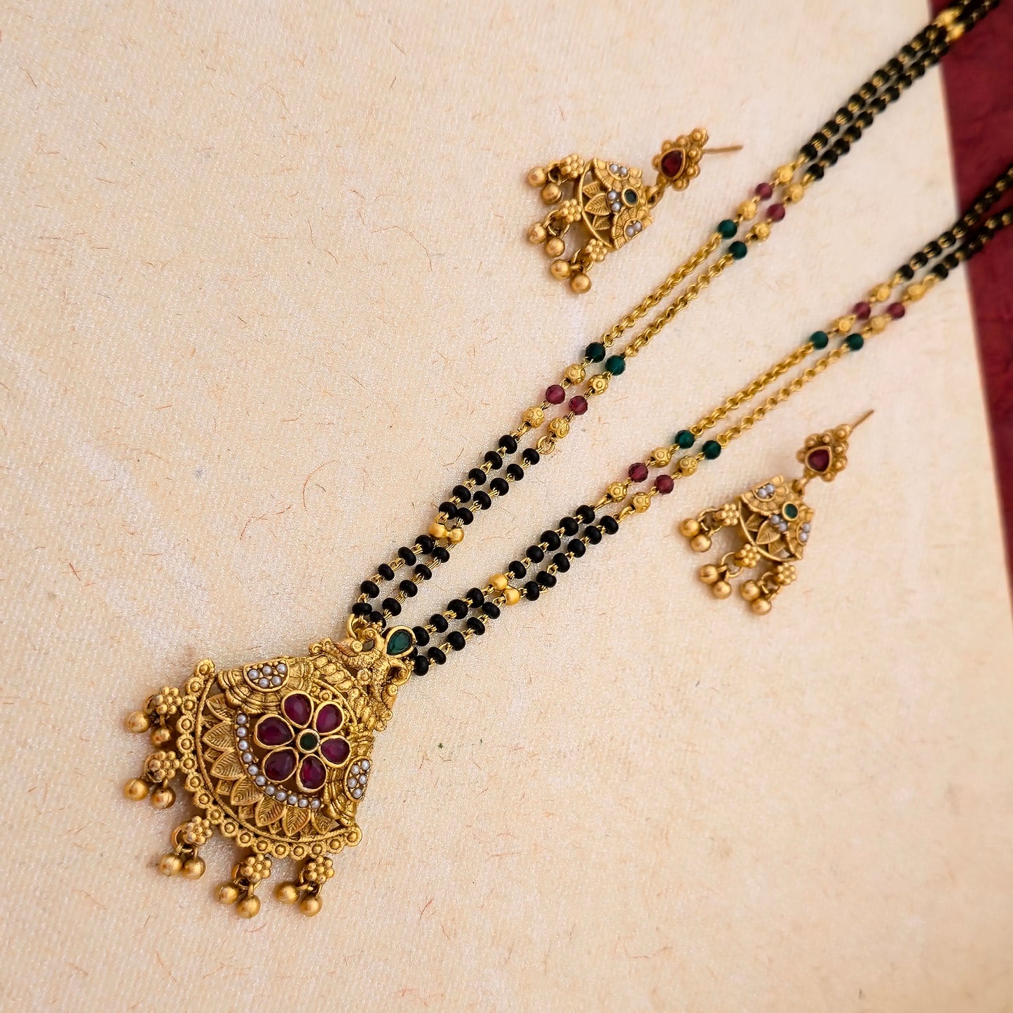 Antique Gold Plated Floral Stone Mangalsutra Set with Multicolor Beads & Black Double Chain | Traditional Designer Jewellery